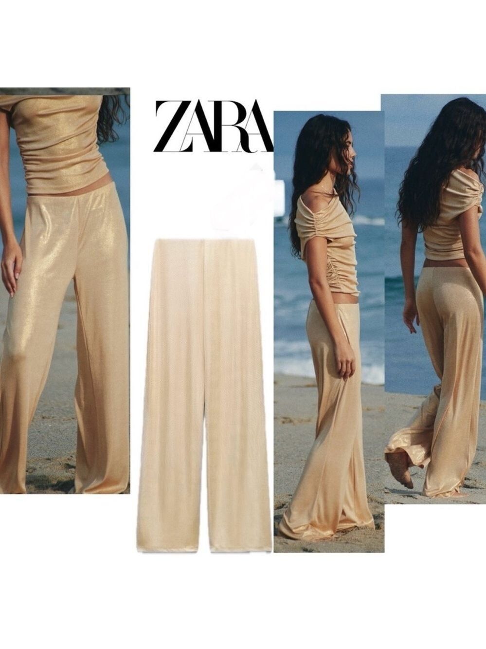 Zara metallic gold threading foil knit high rise flowy pants Sz S NWOT